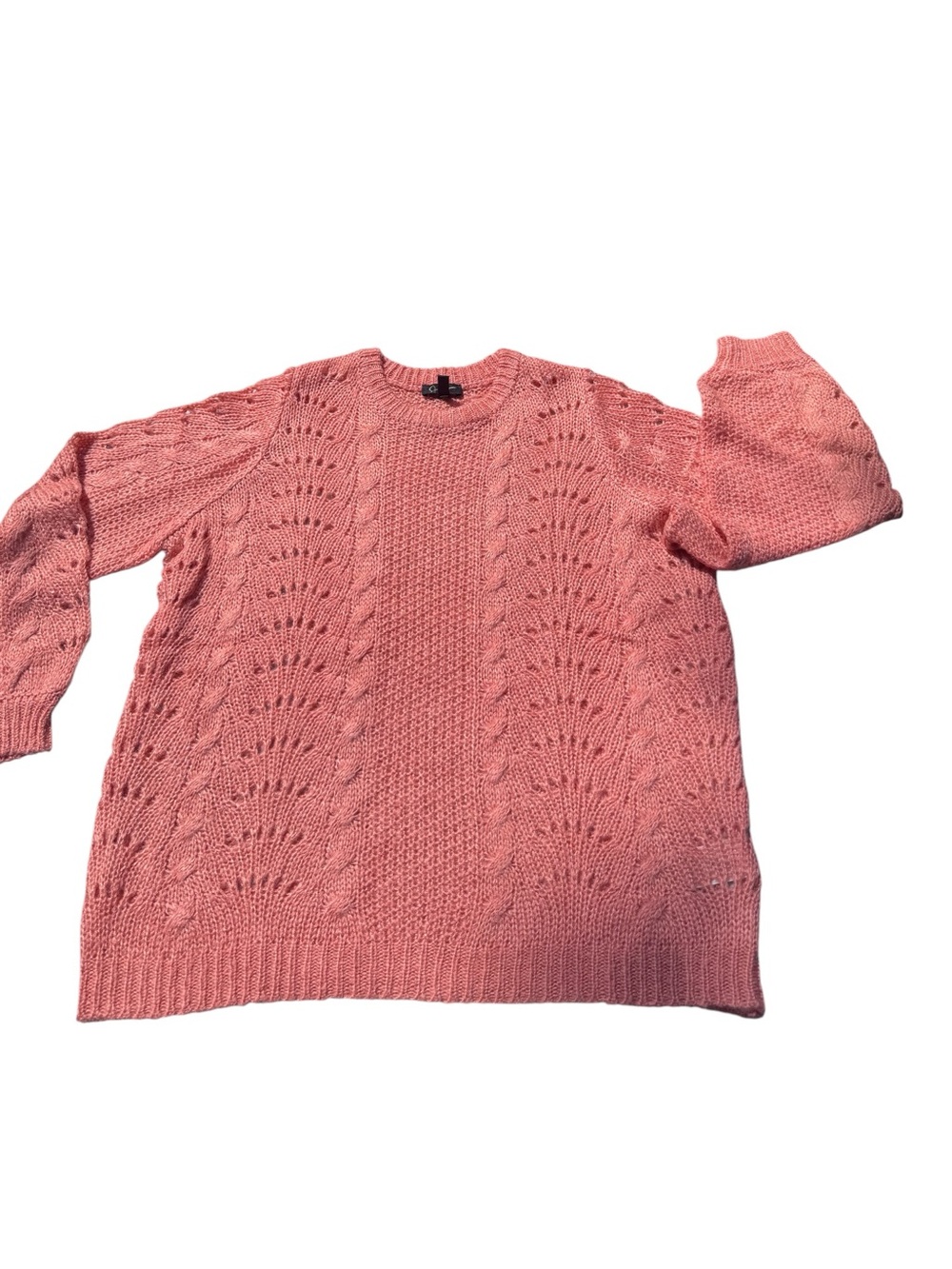 Jessica Simpson open-knit pointelle crewneck sweater in a soft coral/ rose 1x